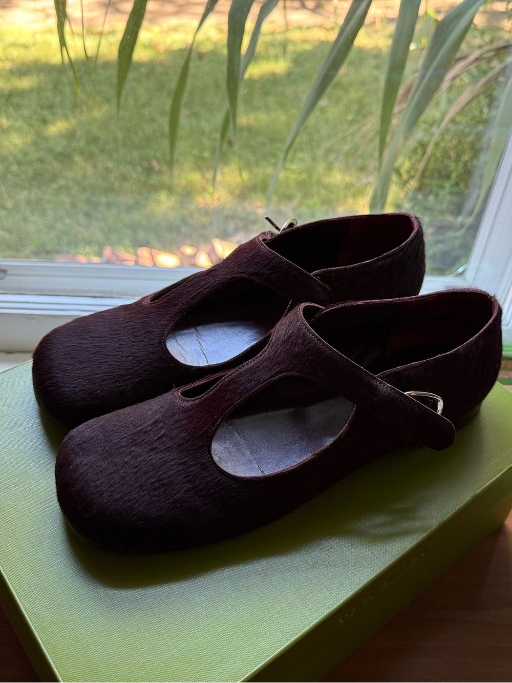 Tory Burch | Calf Hair Mary Jane Flats in Dark Carmine | Violet T Strap